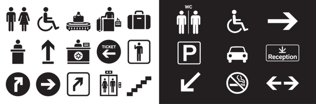 Public navigation and wayfinding vector icons with restroom elevator stairs parking reception and accessibility symbols for airport signage
