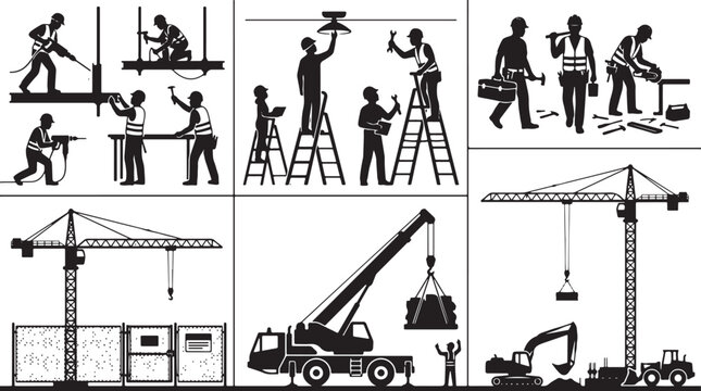 Construction site activities depicting workers building structures, installing components, and operating heavy lifting cranes efficiently