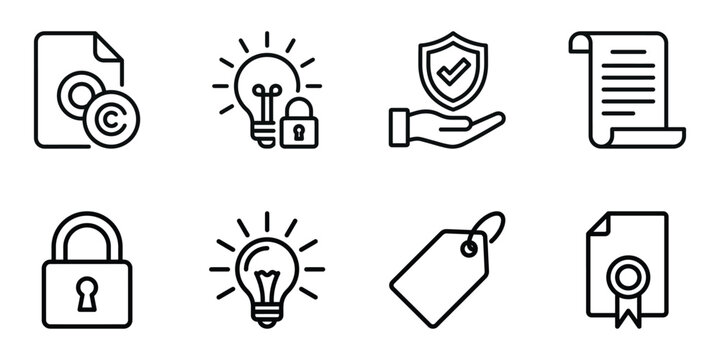 Set of legal intellectual property and security line art icons with copyright security certificate document business