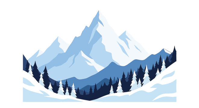 Flat vector illustration of snow-capped mountain peaks and dense evergreen pine forest in winter. Minimalist landscape featuring blue tones, snowy slopes, and sharp mountain ridges.