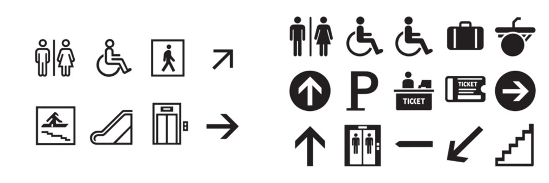 Public navigation wayfinding icon set with restroom elevator escalator parking and arrow symbols vector illustration