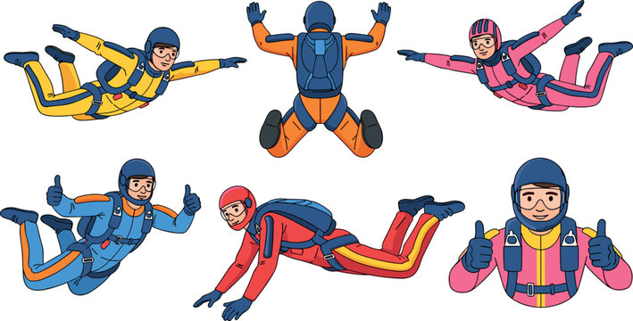 Skydiver and Parachutist Character Vector Set with People Skydiving in Free Fall Suits for Extreme Sports Designs, Activity Layouts, and Adventure Illustrations