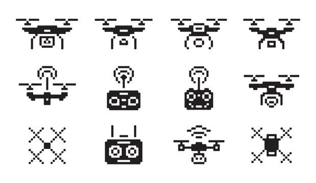 Pixel drone icons. future remote control air devices and quadrocopters with camera simple vector set.