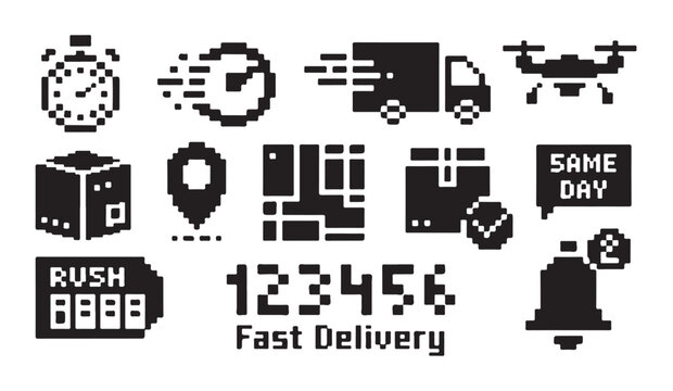 Fast delivery services icons collection showing quick logistics and shipment tracking symbols.