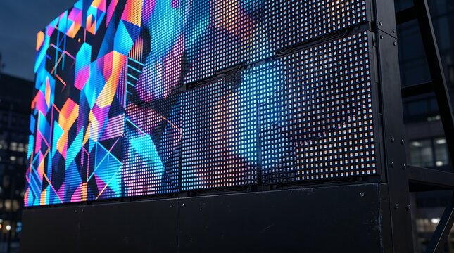 Large outdoor LED display screen with colorful geometric pattern