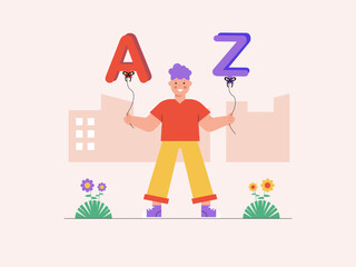 Fototapeta premium A young boy holding balloons shaped like the letters 'A' and 'Z'. Human alphabet illustrations. Flat vector concepts.