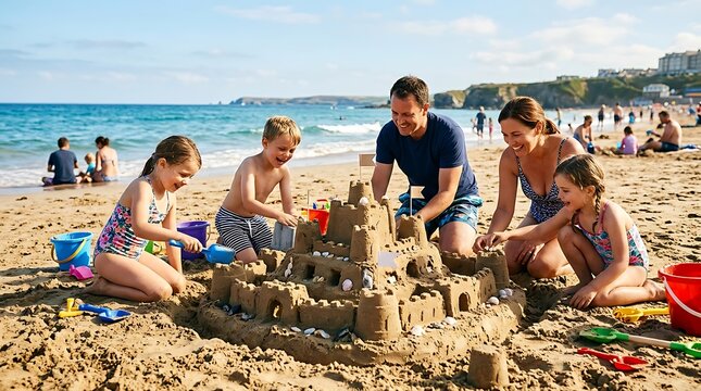 Family building a large sandcastle together on a sunny summer beach