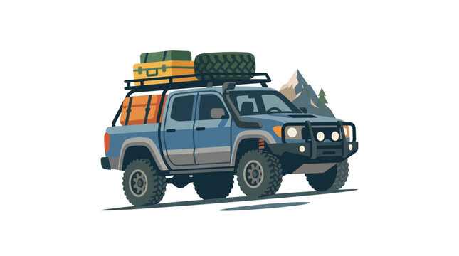 4x4 pickup truck with camping gear in mountain landscape