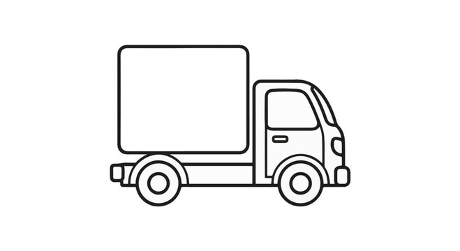 Minimalist line art illustration of a small commercial delivery truck with a cargo box, side profile view on white background, clean black outlines for coloring or icon use.