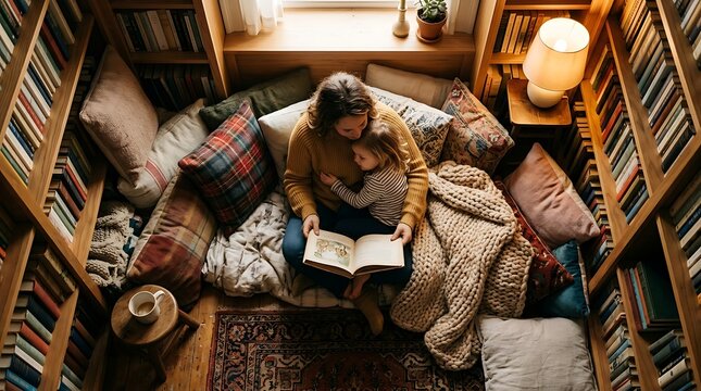 Mother and child reading together in a cozy library nook