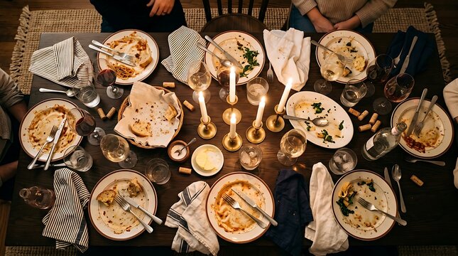 Messy dining table with candles and empty plates after dinner