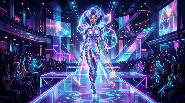 Futuristic fashion show featuring a glowing holographic model