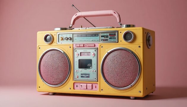 Vintage yellow boombox with pink accents on a pink background, a classic retro music player with large speakers and a cassette player