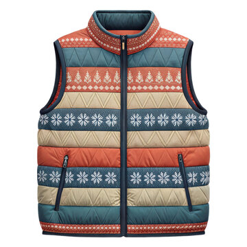 Striped puffer vest with zipper front and unique geometric pattern detailed clothing apparel transparent background