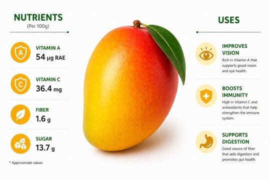 A 3D semi-realistic bright image of a ripe mango centered with rich color and smooth lighting. On the left, list nutrients per 100g (vitamin A, vitamin C, fiber, sugar). On the right, showing uses