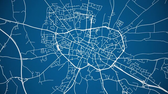 Ink reveal animation of Bayeux, Calvados, Normandy, France grid map. Aerial top view. Blueprint style. White lines with blue background. 4K Seamless loop.