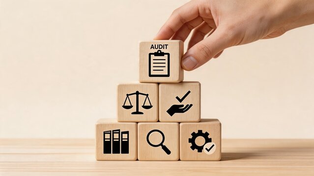 Audit compliance checklist concept with wooden blocks stacked as pyramid showing legal balance scale, magnifying glass inspection, gear settings optimization and document review