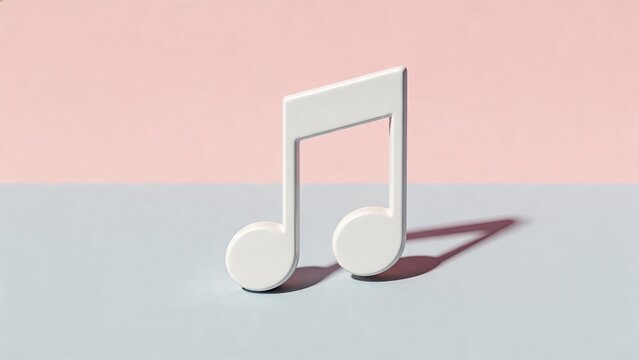 White three dimensional music note symbol standing on dual tone pastel pink and grey background casting a soft shadow minimalist concept.