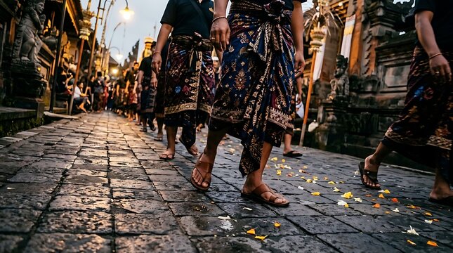 Traditional balinese ceremony procession on cobblestone street at dusk