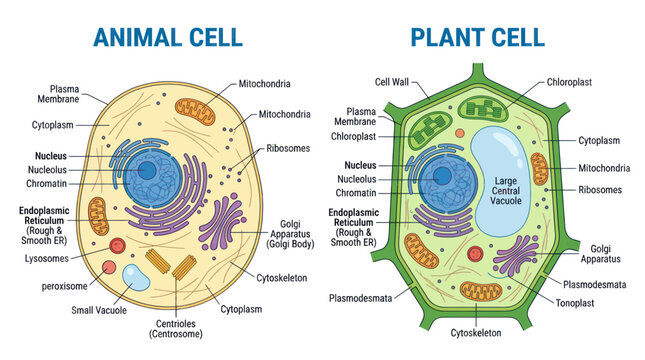 Animal Cell vs Plant Cell Diagram: Biology Science Educational Illustration