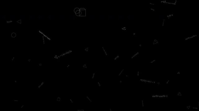Floating Math Equations and Geometry Symbols on Black Background