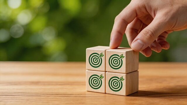Hand stacking wooden blocks with green target icons, symbolizing business goals, strategy planning, success achievement, teamwork collaboration, growth development, corporate