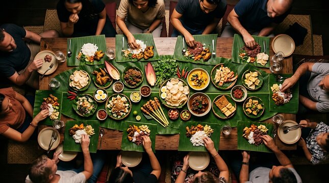 Diverse group sharing a traditional southeast asian feast overhead