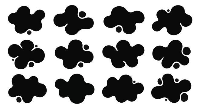 Collection of twelve black amorphous organic patches and liquid blob silhouettes isolated on white background. Set of smooth, curved vector shapes for minimalist graphic design.