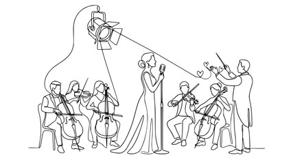 Elegant singer performs with orchestra under spotlight, continuous line art © Ipung