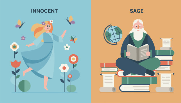 Split illustration comparing the innocent archetype of a dancing girl with the wise sage archetype of an old scholar.