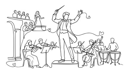 Orchestra conductor leading musicians and singer in a continuous line art drawing © Ipung