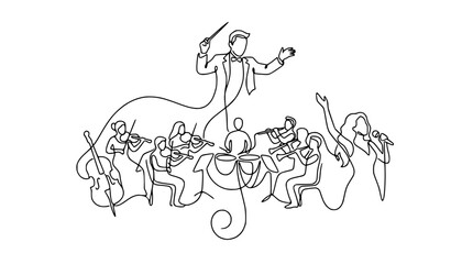 Continuous line art of orchestra performing music with conductor leading, singers and musicians. © Ipung