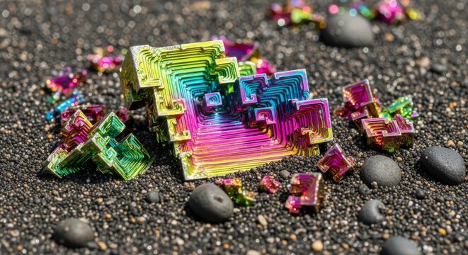 Iridescent bismuth crystal geometric structure sitting on dark volcanic sand texture with iridescent geometric volcanic