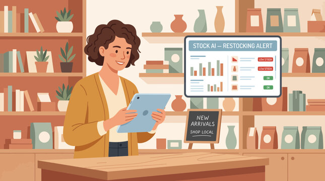 Shop owner using AI for automated inventory and stock management