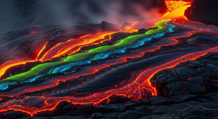 Fototapeta premium Rainbow lava flows cascading over dark volcanic rock landscape background with volcanic eruption geothermal colorful