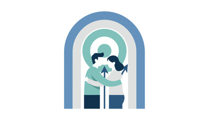 Fototapeta premium Romantic young couple hugging inside a blue-gray archway with a target and upward arrows in the background.