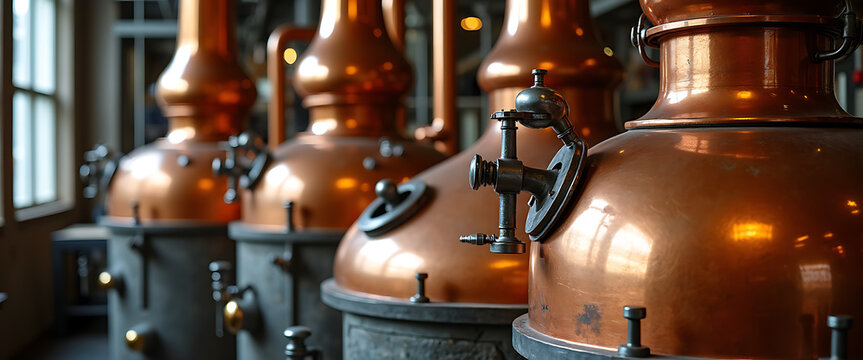 Copper alembic stills in distillery, shiny metal equipment for alcohol production.