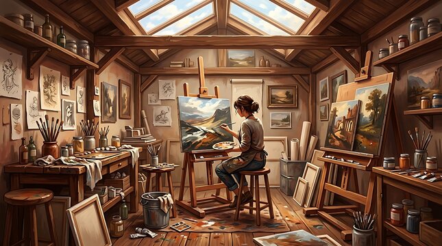 Female artist painting landscape on canvas in sunlit wooden studio