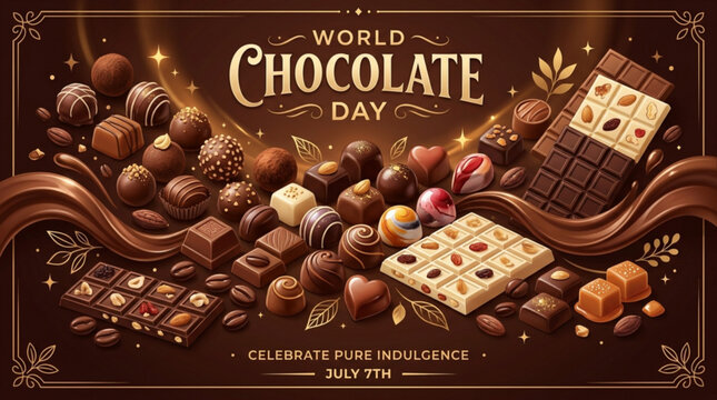 World Chocolate Day celebration with assorted gourmet chocolates pralines and chocolate bars concept for sweet indulgence and festive marketing