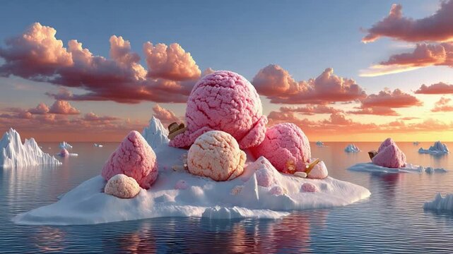 Ice Cream Island Paradise: A whimsical and surreal landscape where scoops of creamy ice cream form an island surrounded by icy waters and a soft pastel sunset sky.