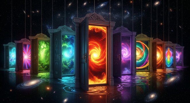 Mystical floating glowing doors portal galaxy space background with science fiction mystical universe dimensions ethereal