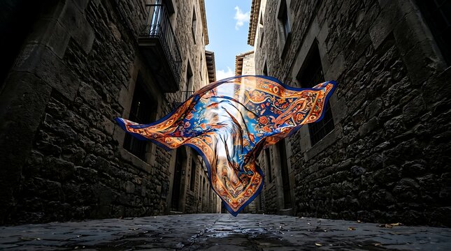 Patterned scarf floating in a narrow stone alleyway