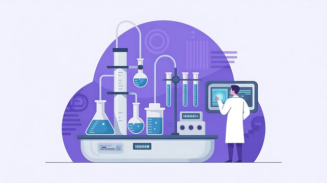 A scientist examines a laboratory setup with various equipment and a computer screen.