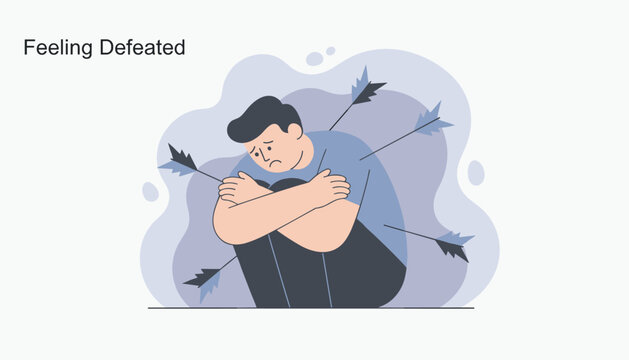 Depressed man curled up on the floor feeling defeated and wounded by multiple sharp arrows in a blue background.