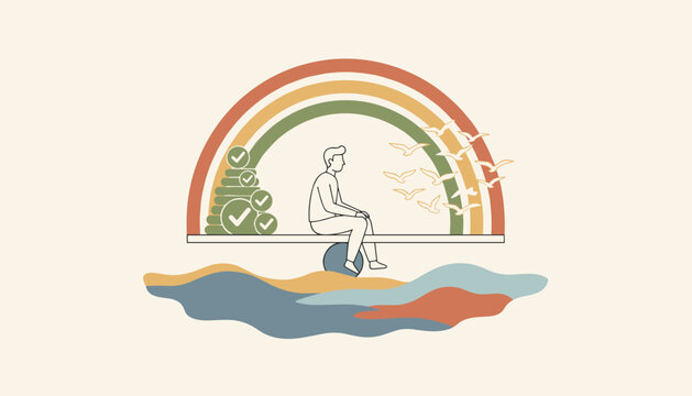 Balanced life concept showing a man sitting on a see-saw with task lists on one side and flying birds under a rainbow.