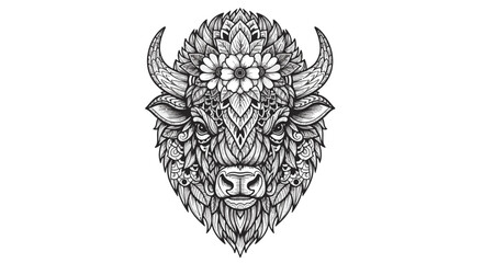 Fototapeta premium Detailed line art illustration of a bison head featuring symmetrical floral and mandala patterns; monochrome buffalo portrait designed for adult coloring books and tattoo art.