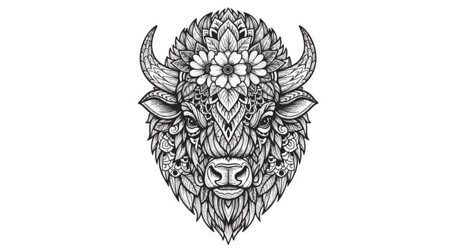 Detailed line art illustration of a bison head featuring symmetrical floral and mandala patterns; monochrome buffalo portrait designed for adult coloring books and tattoo art.
