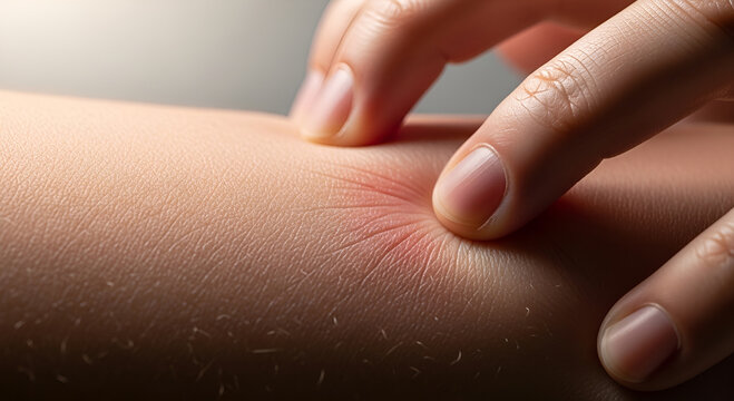 Close up of fingers squeezing a small red mosquito bite or skin inflammation mark on human arm skin.