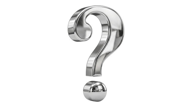 Metallic silver question mark symbol, 3D chrome interrogation point icon, reflective steel punctuation mark for business FAQ and support isolated on White Background
