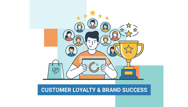 Conceptual layout showing customer loyalty and brand success with a businessman holding a tablet and trophy award.